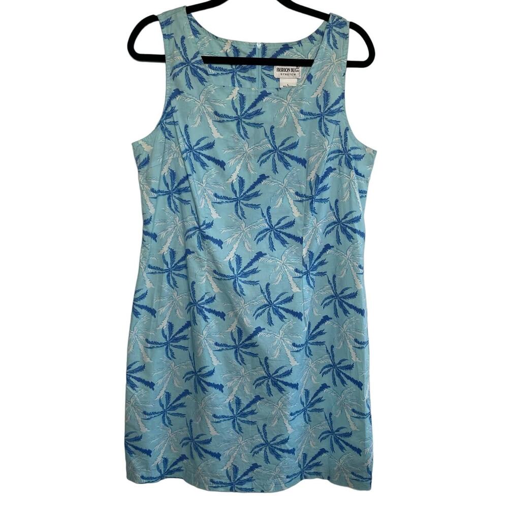 Fashion Bug Sleeveless Palm‎ Tree Print Mini Shift Dress Stretch Blue Womens L
